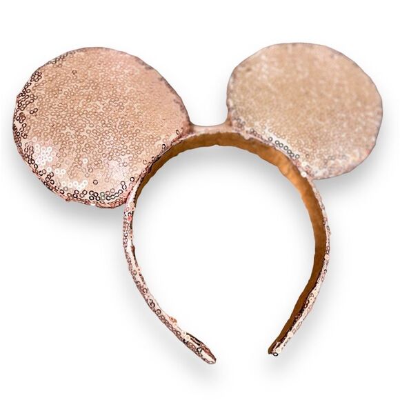Minnie Mouse Ear Headband Pink-Gold Sparkle Shimmer Sequins with Bow. - Picture 3 of 5